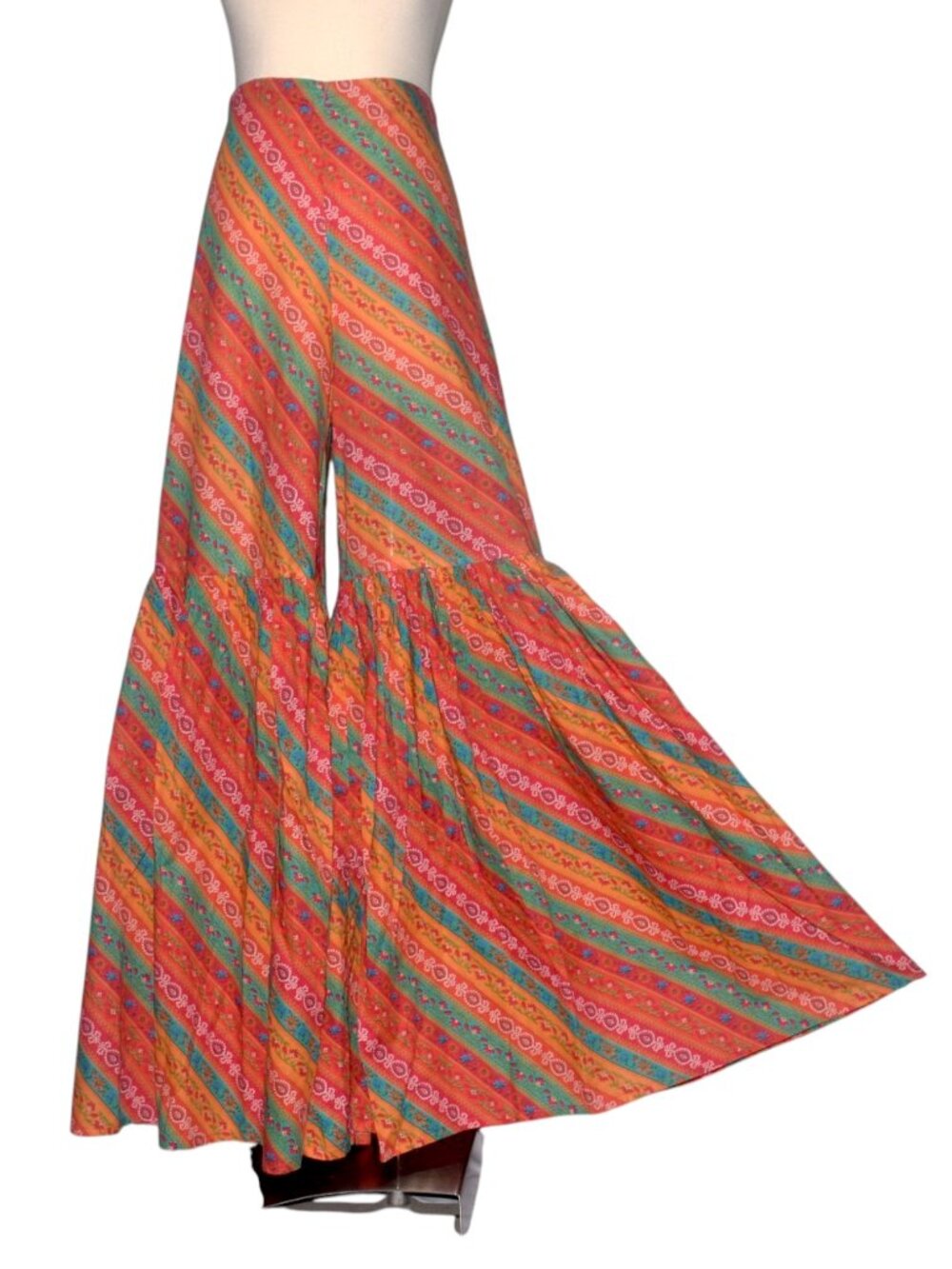 Boho Floral Stripe Wide Leg Ruffle Pants L Cotton Blend Festival Palazzo